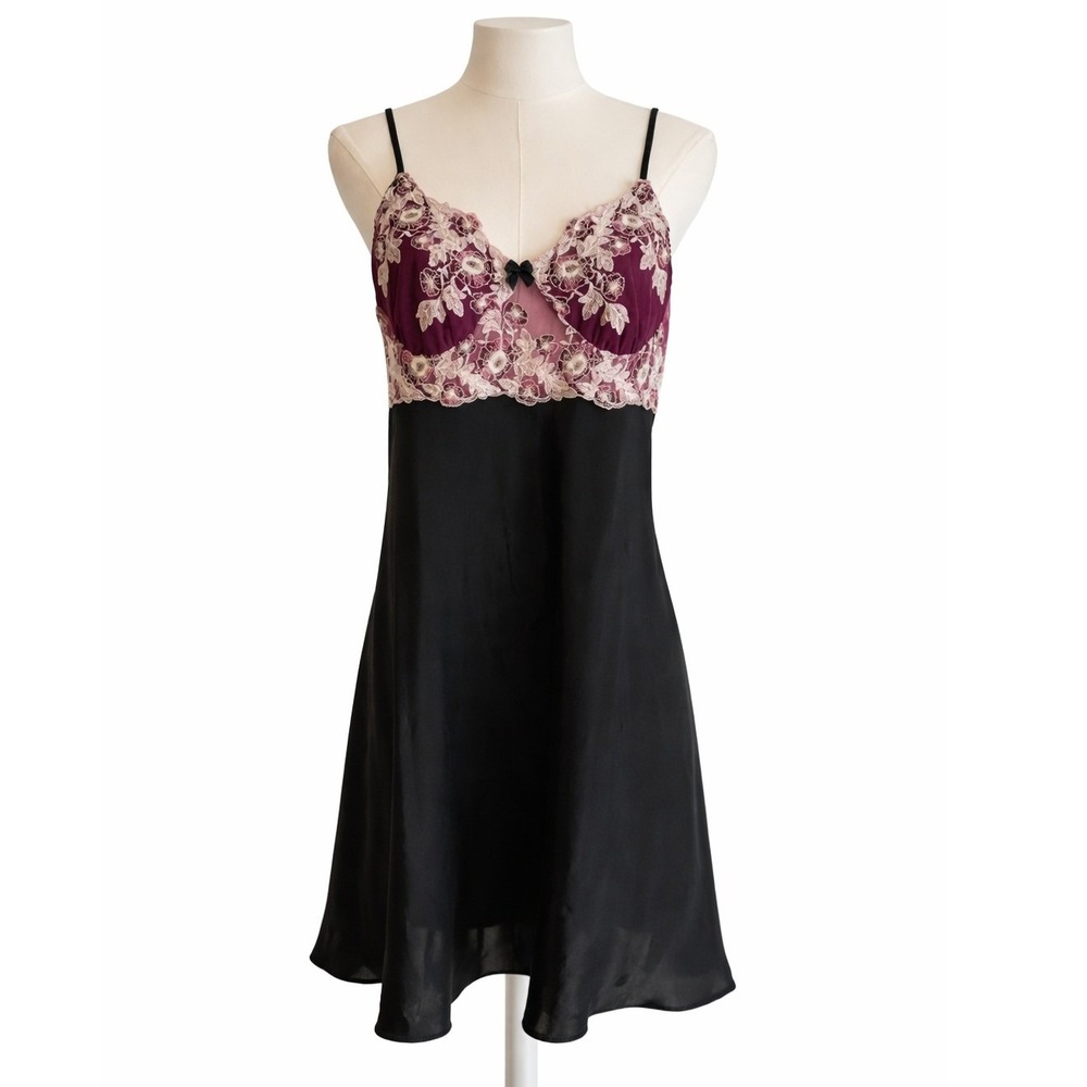 VTG Cinema Etoile Lace Babydoll Slip‎ Dress L Black Satin Coquette Fairycore